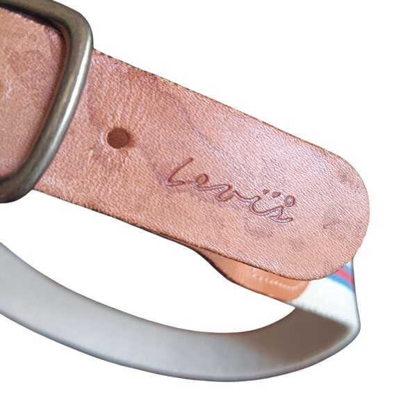 34 Vintage Belt Levi's Canvas Leather Brass Buckle Cream Preppy Stripe 1980's - Picture 5 of 5